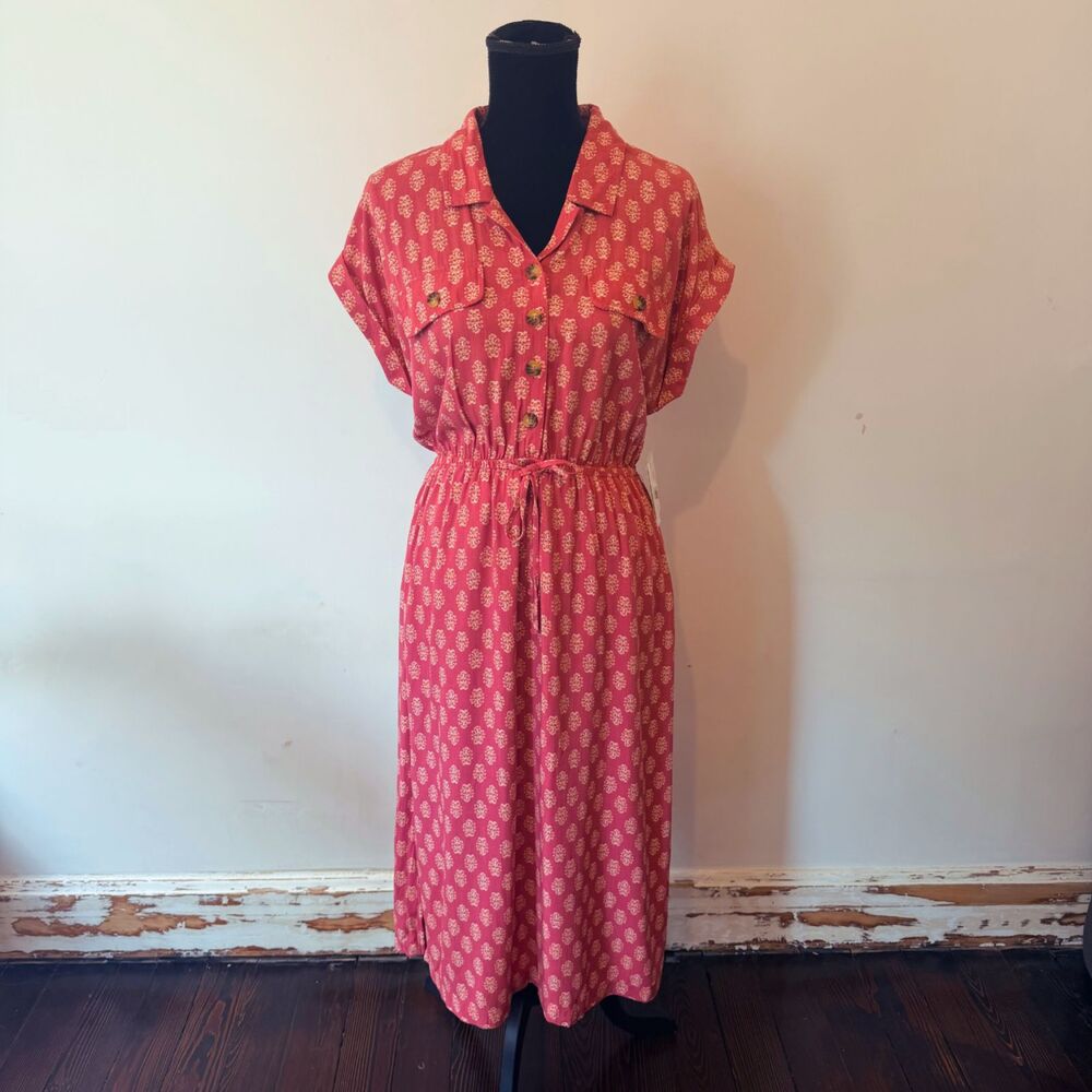 NWT Lucky Brand Midi Drawstring Shirt Dress Western Cottage Pink Floral Womens M